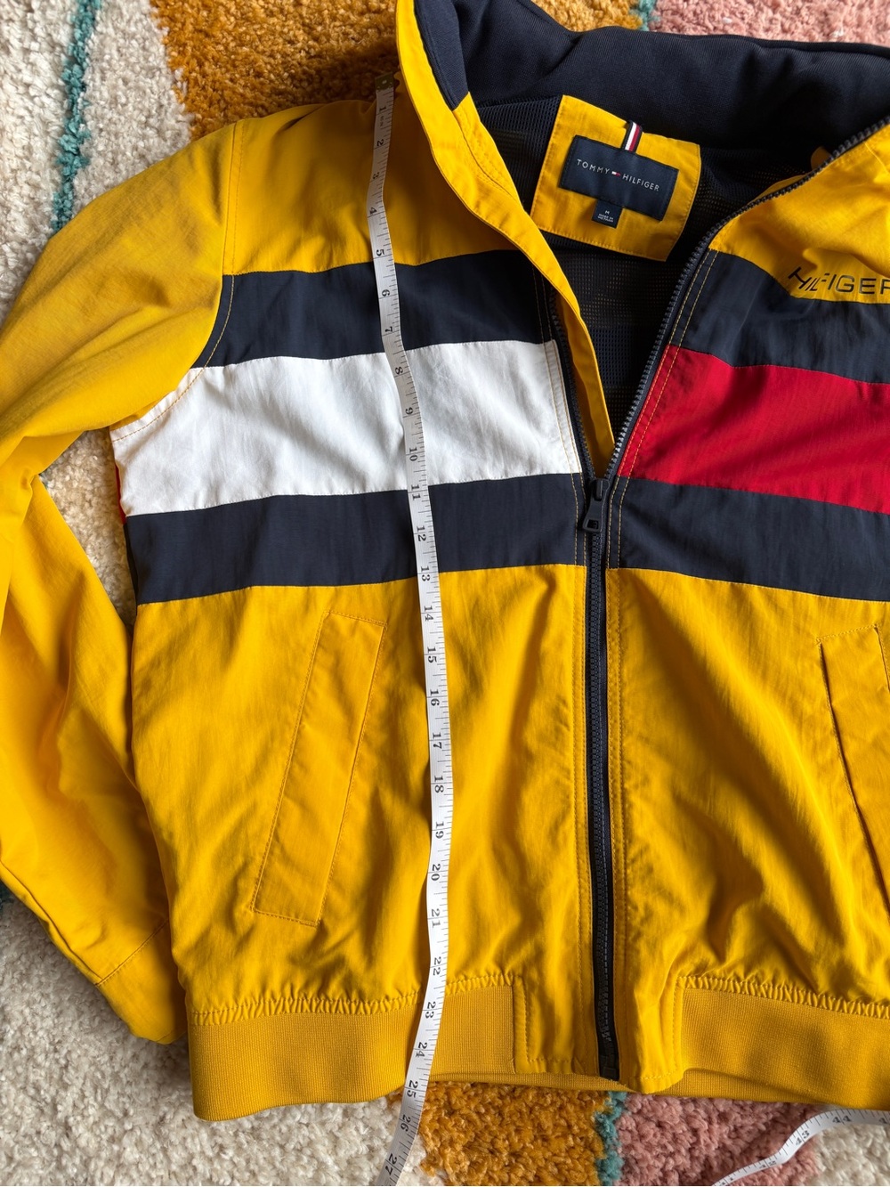 Tommy Hilfiger Yellow Hooded Windbreaker with Tricolor Chest Stripe - Picture 5 of 5
